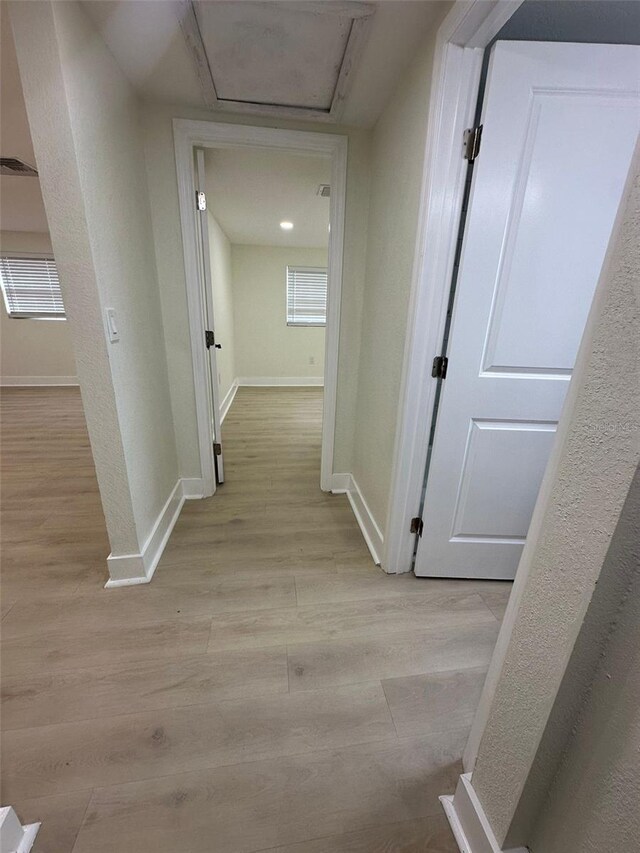 2217 Azalea Ct, Lakeland, FL 33815 - hallway with light wood-style flooring, baseboards, attic access, and a textured wall