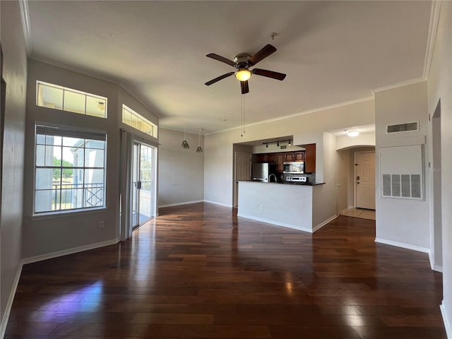 7320 Westpointe Blvd Unit 531, Orlando, FL 32835 - unfurnished living room featuring crown molding, a ceiling fan, dark wood-type flooring, baseboards, and arched walkways
