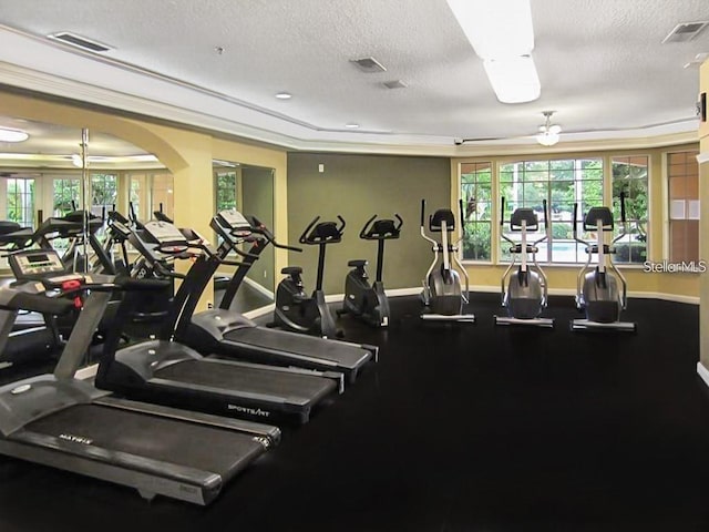 7320 Westpointe Blvd Unit 531, Orlando, FL 32835 - gym with ceiling fan, healthy amount of natural light, baseboards, and a textured ceiling