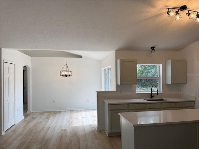 901 Cascades Park Trl, Deland, FL 32720 - kitchen with a sink, gray cabinetry, lofted ceiling, light wood-style flooring, and light countertops
