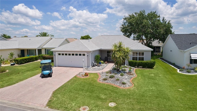 1305 Guerra Ave, The Villages, FL 32159 - ranch-style house with decorative driveway, an attached garage, and a front yard