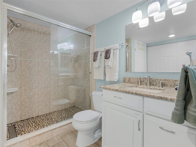 bathroom featuring toilet, a stall shower, and vanity