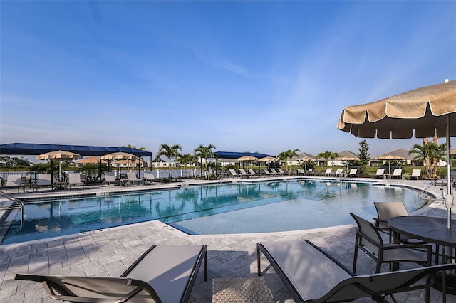 community pool with a patio area