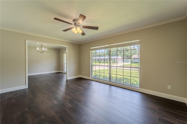 4514 Crichton Ln, Orlando, FL 32806 - unfurnished room with a chandelier, dark wood-style floors, ceiling fan, ornamental molding, and a textured ceiling