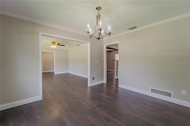 4514 Crichton Ln, Orlando, FL 32806 - empty room featuring a chandelier, ornamental molding, ceiling fan, dark wood finished floors, and baseboards