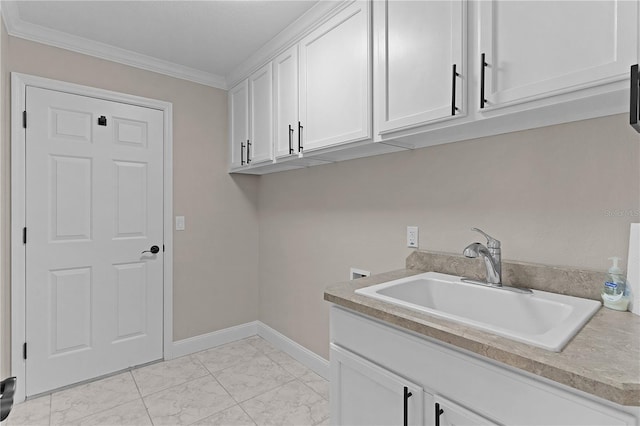 7214 SE 171st Brookhaven Pl, The Villages, FL 32162 - washroom with cabinet space, washer hookup, light marble finish floors, ornamental molding, and baseboards