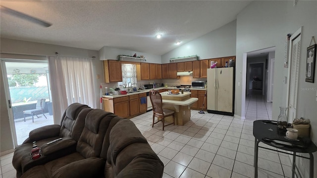 303 Silk Oak Dr, Kissimmee, FL 34743 - kitchen featuring freestanding refrigerator, open floor plan, light countertops, under cabinet range hood, and stainless steel microwave