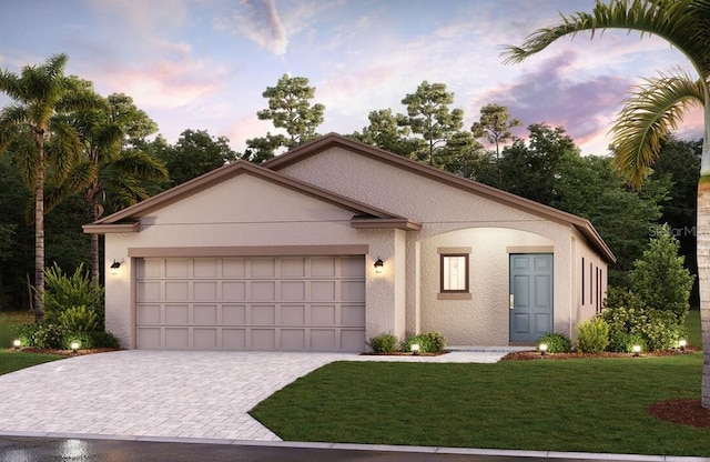 2046 Sunset Preserve Way, Port Charlotte, FL 33953 - ranch-style home with driveway, an attached garage, a lawn, and stucco siding