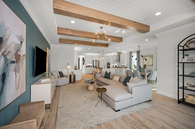 1688 Lugano Cir, North Venice, FL 34275 - living room with a chandelier, light wood-style flooring, recessed lighting, beamed ceiling, and crown molding