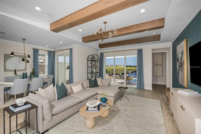 1688 Lugano Cir, North Venice, FL 34275 - living area featuring light wood-style floors, beam ceiling, recessed lighting, crown molding, and baseboards