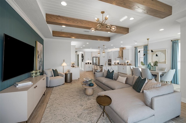1688 Lugano Cir, North Venice, FL 34275 - living room with light wood finished floors, beam ceiling, recessed lighting, a chandelier, and crown molding