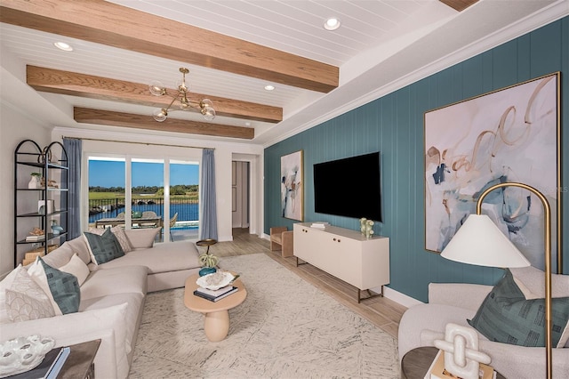 1688 Lugano Cir, North Venice, FL 34275 - living room featuring wood finished floors, baseboards, beam ceiling, and recessed lighting