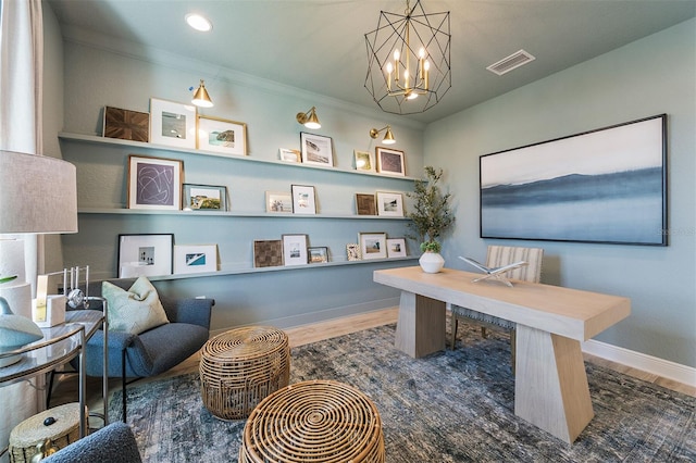 1688 Lugano Cir, North Venice, FL 34275 - home office with wood finished floors, baseboards, and a chandelier