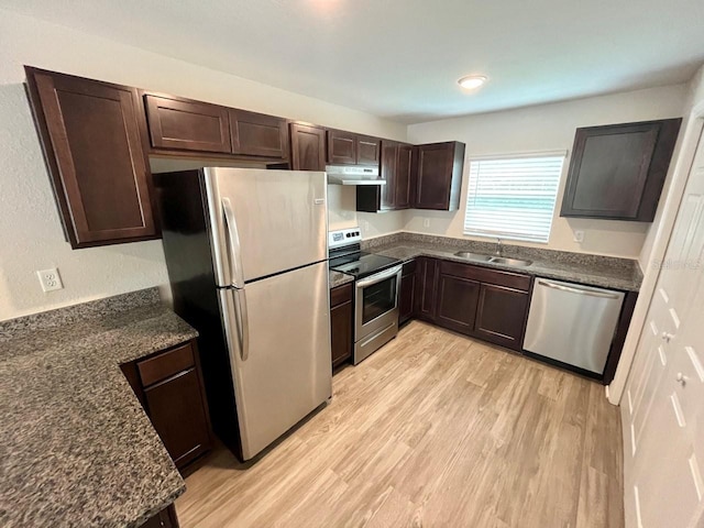 16221 SW 29th Court Rd, Ocala, FL 34473 - kitchen featuring stainless steel appliances, under cabinet range hood, a sink, light wood-style floors, and dark brown cabinets