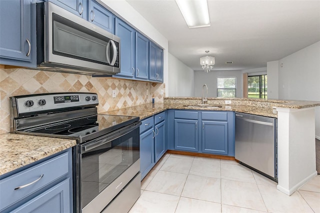 7863 Sugar Bend Dr Unit 7863, Orlando, FL 32819 - kitchen with stainless steel appliances, blue cabinetry, a sink, a peninsula, and decorative backsplash