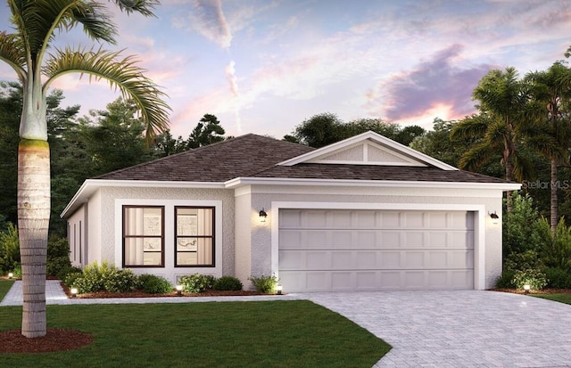 16866 Fiesta Dr, Port Charlotte, FL 33953 - ranch-style home with driveway, an attached garage, a yard, and stucco siding