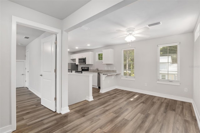302 NW 7th Ter, Gainesville, FL 32601 - kitchen featuring stainless steel appliances, wood finished floors, white cabinetry, recessed lighting, and ceiling fan