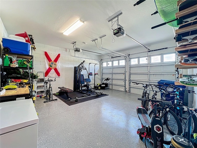 2044 Keystone Pass Blvd, Minneola, FL 34715 - garage featuring a garage door opener, white refrigerator, and concrete block wall