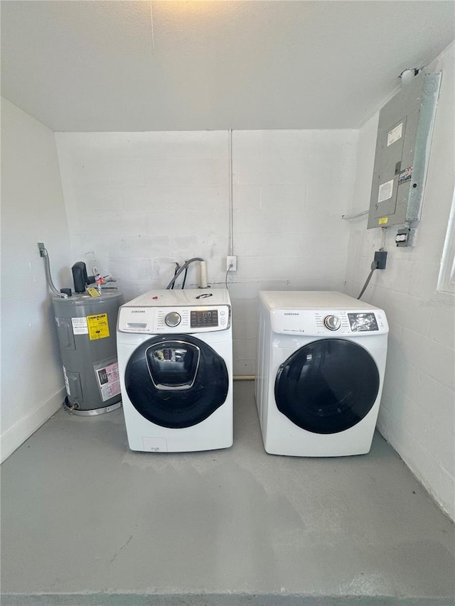4934 Avery Rd, New Port Richey, FL 34652 - washroom featuring water heater, washer and clothes dryer, electric panel, and concrete block wall