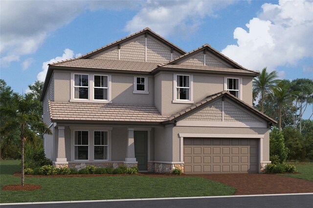 17106 Savory Mist Cir, Lakewood Ranch, FL 34211 - craftsman inspired home with stone siding, driveway, a front lawn, and a tile roof