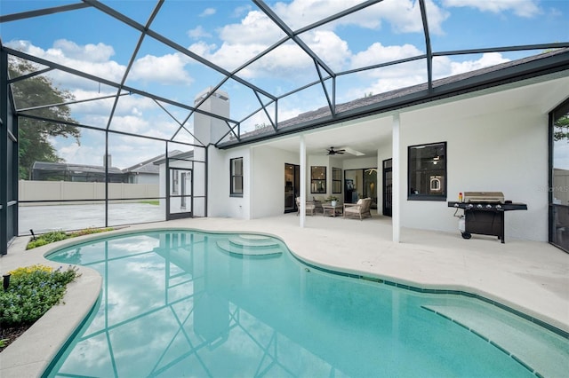 9844 Montclair Cir, Apopka, FL 32703 - view of pool featuring a patio, ceiling fan, area for grilling, and glass enclosure