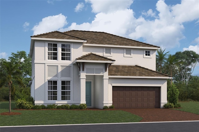 17044 Savory Mist Cir, Lakewood Ranch, FL 34211 - view of front of home with stucco siding, driveway, a front yard, and an attached garage