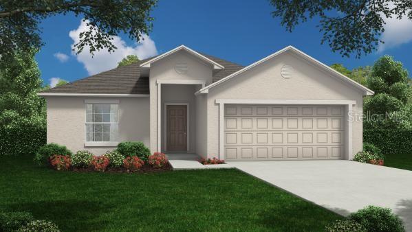 single story home with stucco siding, an attached garage, driveway, and a front lawn