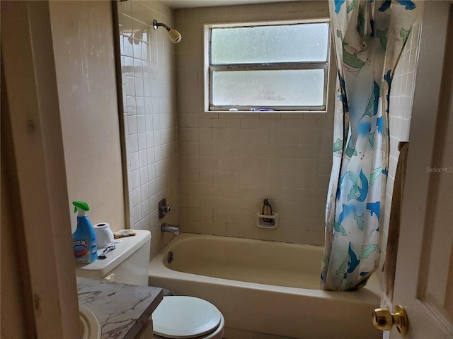 full bathroom with toilet, shower / bathtub combination with curtain, and vanity