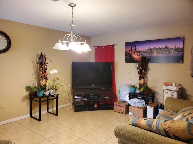 living room with light tile floors and a notable chandelier