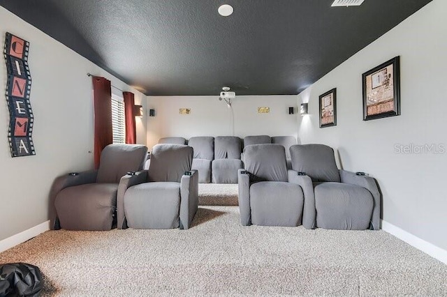 carpeted cinema with a textured ceiling