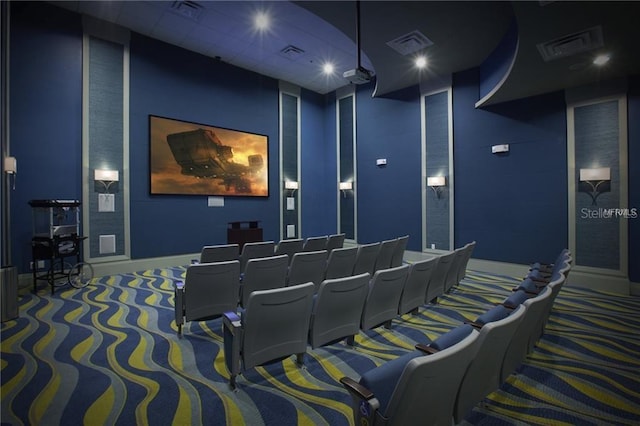 home theater room featuring carpet