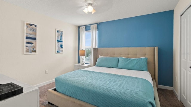 bedroom featuring carpet, a closet, and ceiling fan