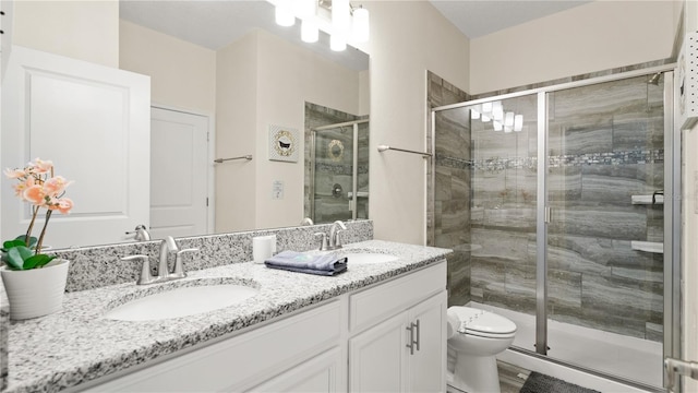 bathroom featuring toilet, dual bowl vanity, and a shower with door