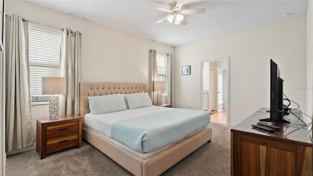 carpeted bedroom with ceiling fan, multiple windows, and ensuite bathroom