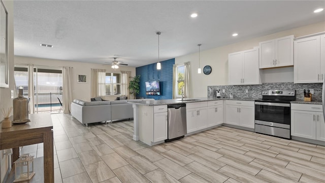 kitchen with a wealth of natural light, appliances with stainless steel finishes, kitchen peninsula, and backsplash