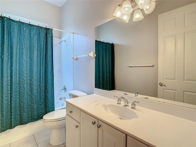 full bathroom featuring tile patterned flooring, vanity, shower / bath combo with shower curtain, and toilet