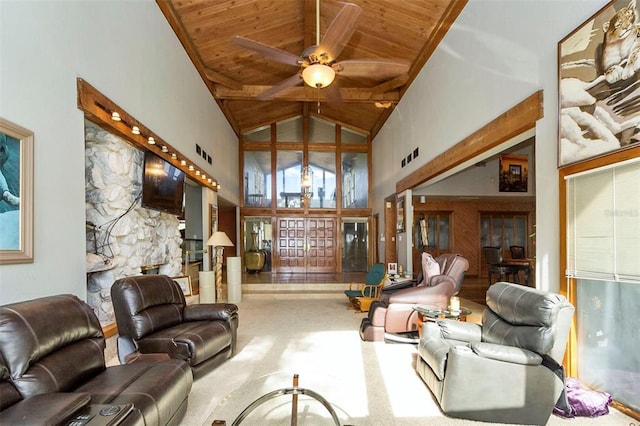 carpeted living room featuring high vaulted ceiling, wooden ceiling, ceiling fan, and beamed ceiling