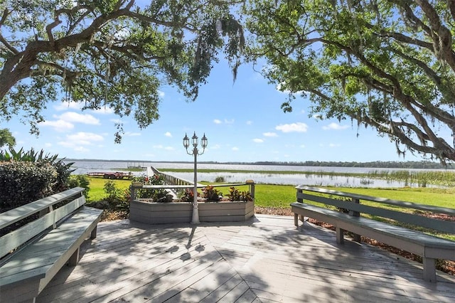 view of terrace featuring a deck with water view