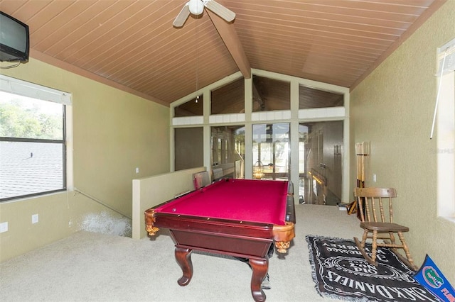 rec room featuring carpet, billiards, ceiling fan, wood ceiling, and lofted ceiling with beams