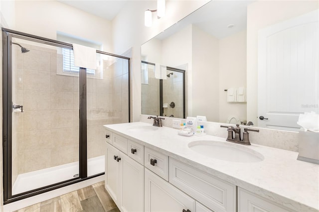 bathroom featuring walk in shower and vanity