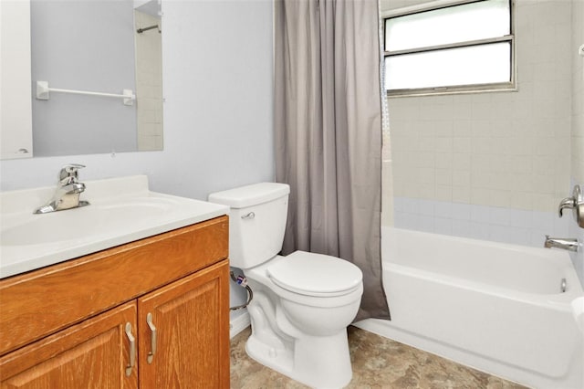 full bathroom with vanity, shower / bathtub combination with curtain, and toilet