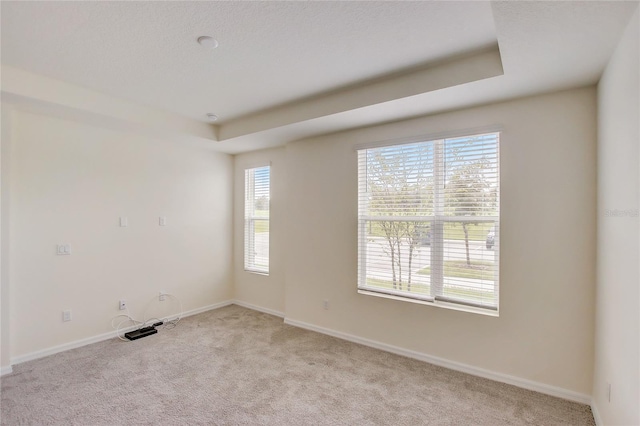 carpeted empty room with a tray ceiling