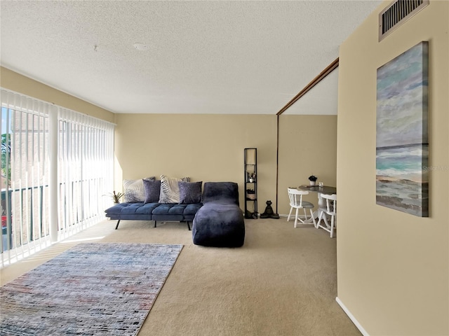 sitting room with light carpet, a textured ceiling, and a wealth of natural light