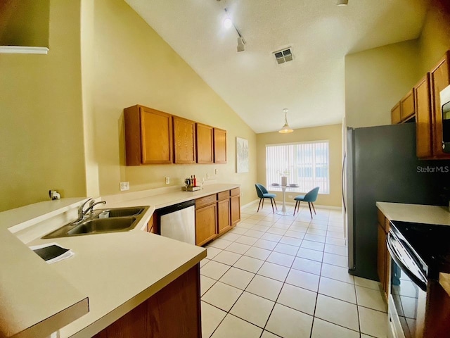 kitchen with pendant lighting, sink, dishwasher, vaulted ceiling, and track lighting