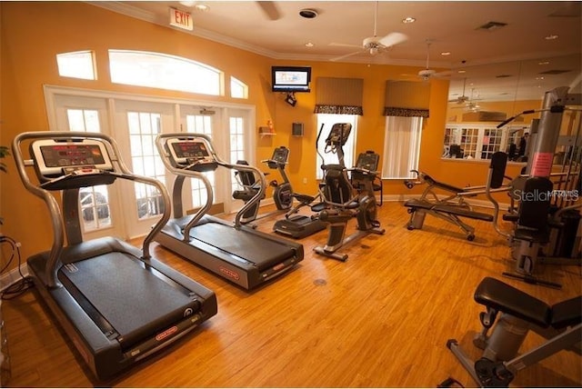 workout area with ceiling fan, wood-type flooring, and ornamental molding