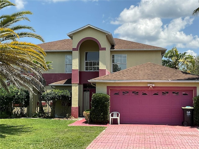 view of front of house with a front lawn and a garage