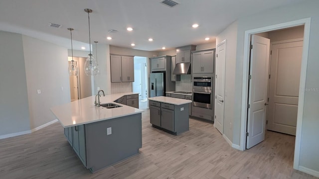 kitchen with stainless steel appliances, gray cabinets, backsplash, hanging light fixtures, and sink