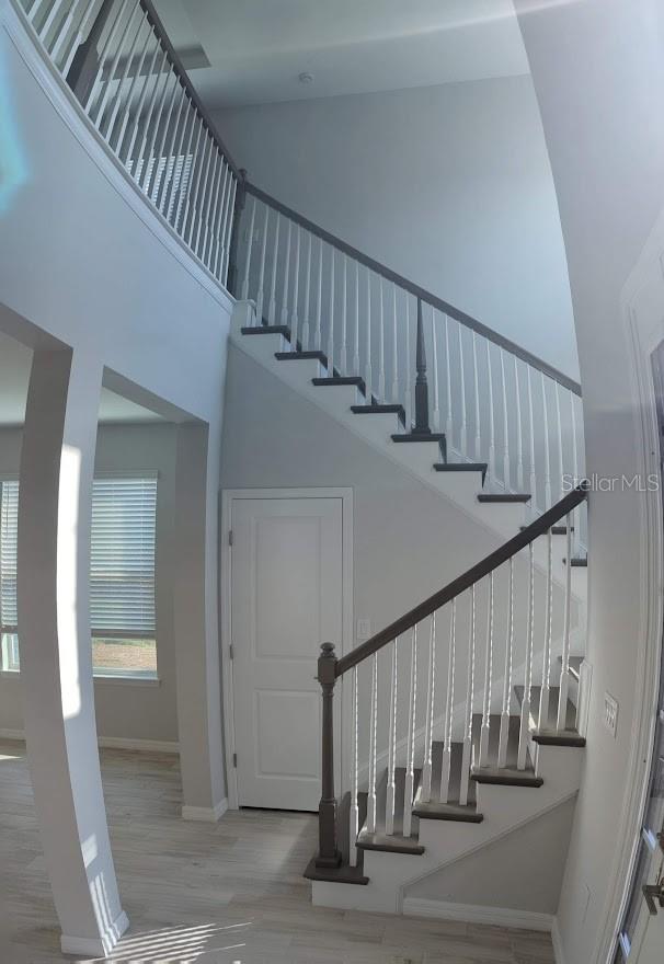 stairs featuring a high ceiling and wood-type flooring