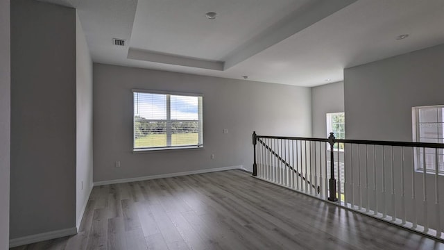 empty room with a tray ceiling and hardwood / wood-style floors