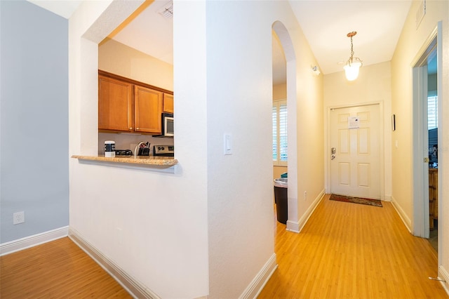 corridor featuring a notable chandelier, light hardwood / wood-style floors, and a healthy amount of sunlight